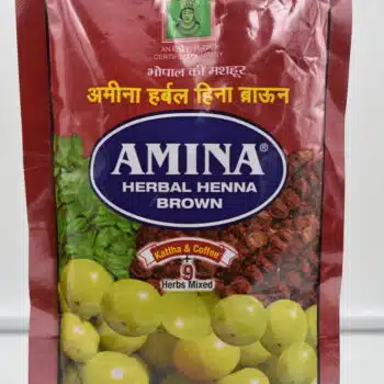 Amina Herbal Henna Brown, a blend of Kattha, Coffee, and 9 herbs for natural hair care