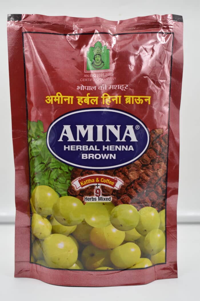 Amina Herbal Henna Brown, a blend of Kattha, Coffee, and 9 herbs for natural hair care