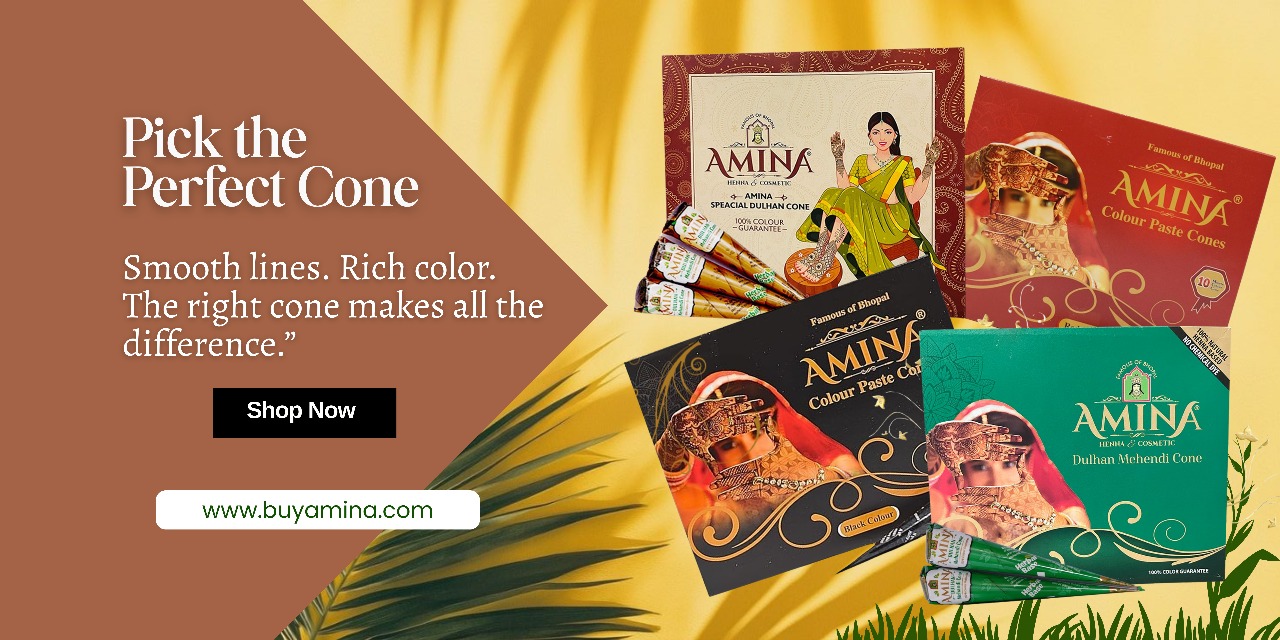 Amina Henna mehendi cone packs displayed with ‘Pick the Perfect Cone’ text.”