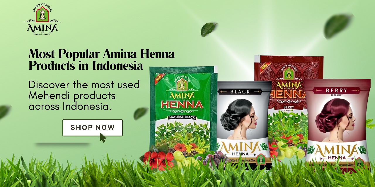 Amina Henna product packs displayed on a green background with text promoting the most popular Mehendi products in Indonesia.