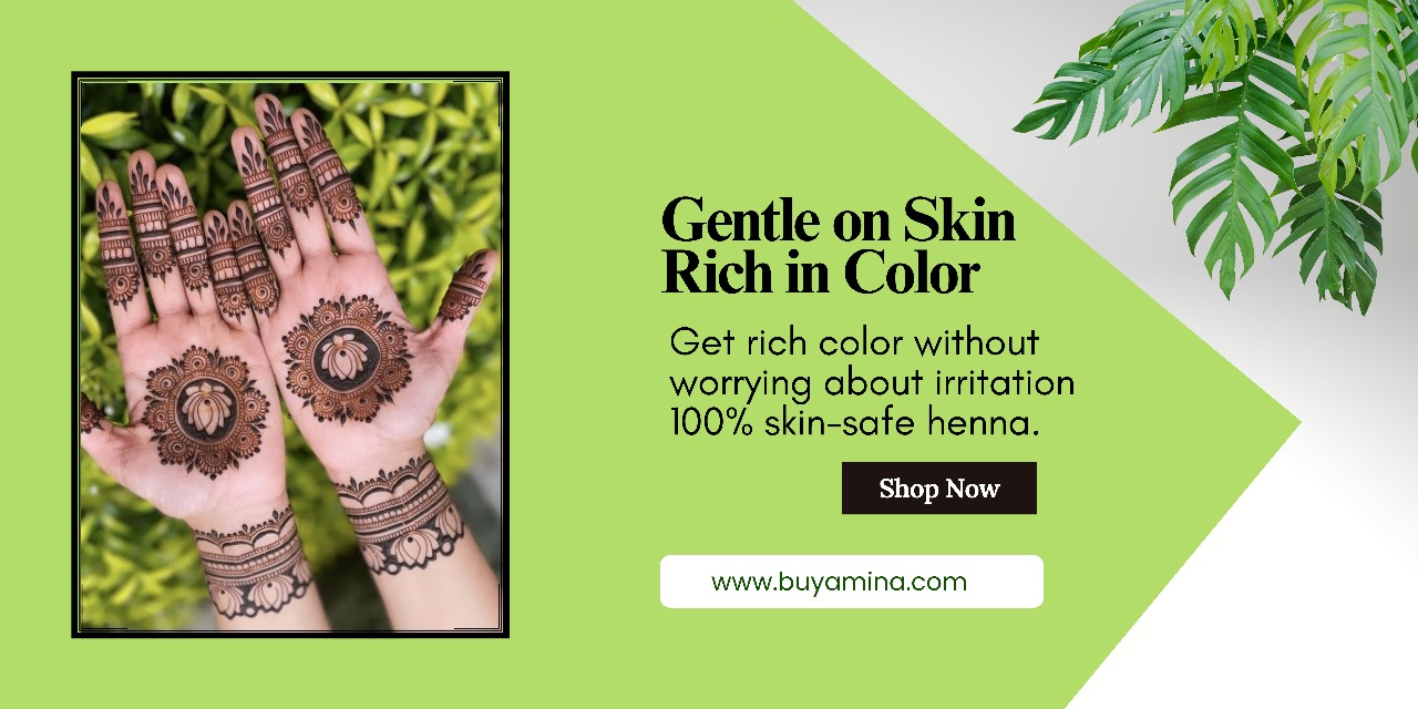 Hands with intricate henna designs displayed outdoors with text promoting skin-safe, rich-color henna from Buy Amina.