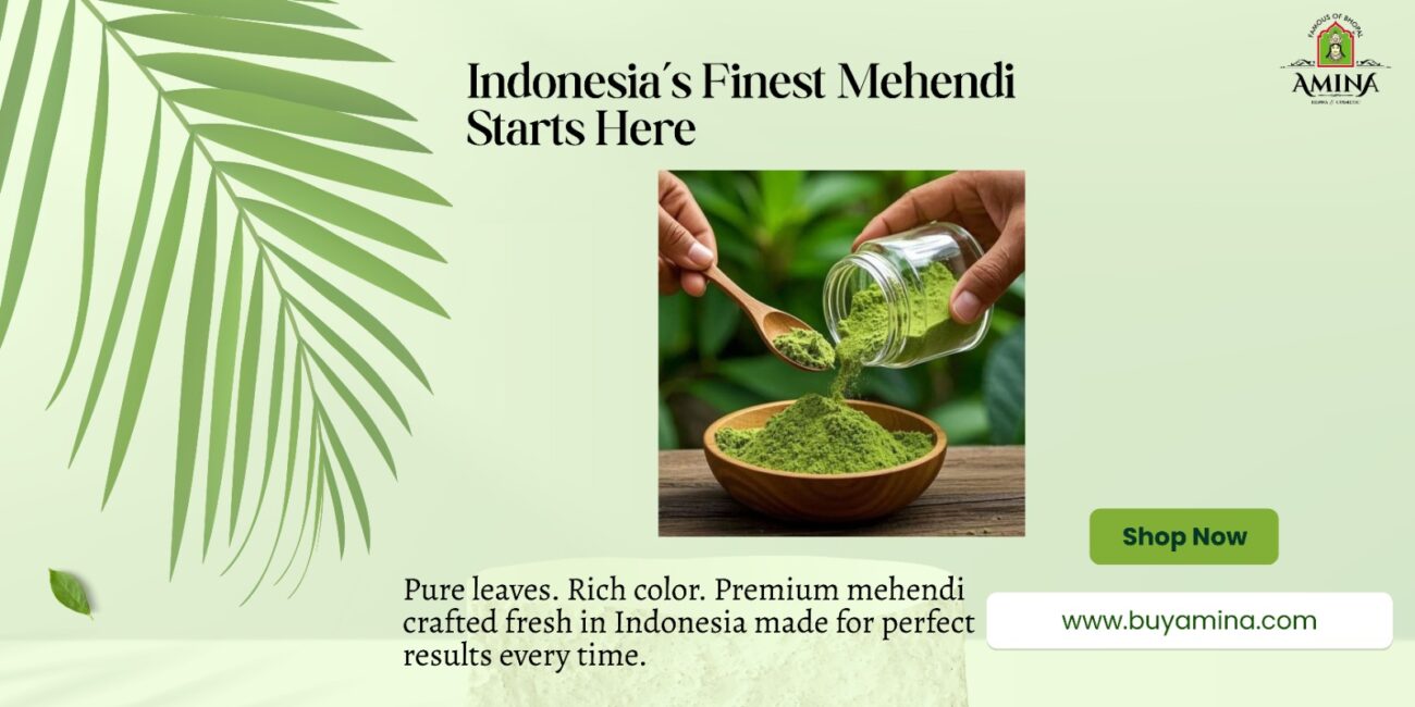 Fresh green mehendi powder used in mehendi manufacturing in Indonesia.